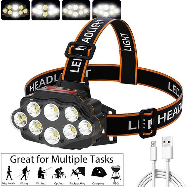 8LEDs Super Bright Headlamp Outdoor Camping Hiking Head Lamp Head-mounted Night Fishing Headlight One Battery svart