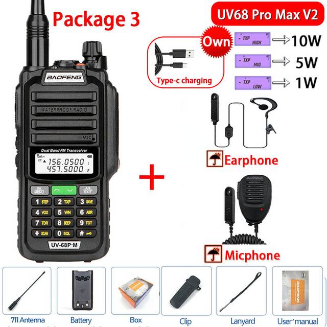 (USB Plug, V2 Black 2) 2023 New UV-68 Pro MAX Waterproof  IP68 Walkie Talkie High Power CB Ham UHF VHF Long Range Upgrade Of
