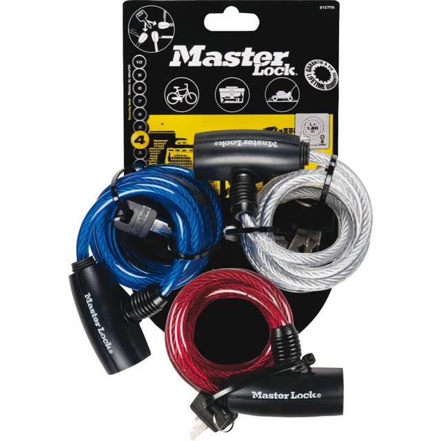 Master Lock Bike Lock Cable, Key, 1.8 m Coiling Cable, Outdoor, Set of 3, Blue, Red and Transparent 8127EURTRI - Use with all kinds of Bike,
