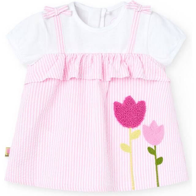 Boboli Baby Girls Pink Flowers & Striped Cotton Dress - 9 month