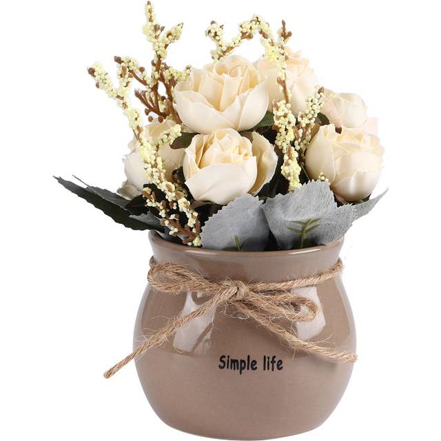 Ceramic Vase Artificial Silk Rose Flower Potted Home Desktop Decoration Ornament White