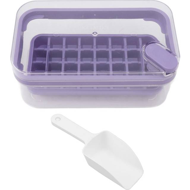 Easy Release Ice Cube Tray Plastic 32 Grids Ice Tray with Lid Bin Scoop for Freezer Purple L purple