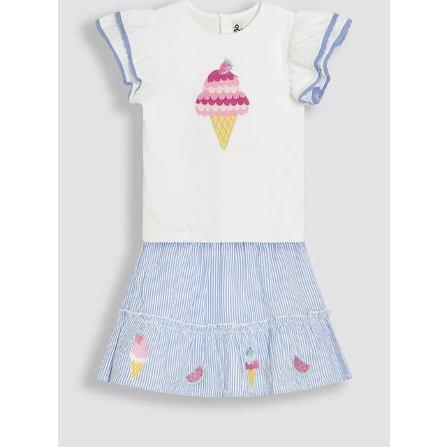 JoJo Maman Bebe Girls Ice Cream Applique Frill T-shirt & Skirt Set - Blue, Blue, Size Age: 6-12 Months - age: 6-12 MONTHS