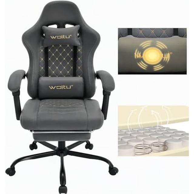WOLTU Massage Spelstol, Ergonomisk Kontorsstol, Stor Datorvadderad Snurrstol med Masserande Ländryggskudde, Last 150 kg, Tekniktyg, Grå+Gul, GS07gr