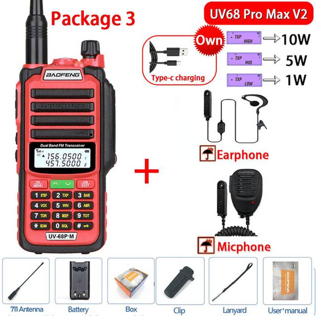 (USB Plug, V2 Red 2) 2023 New UV-68 Pro MAX Waterproof  IP68 Walkie Talkie High Power CB Ham UHF VHF Long Range Upgrade Of