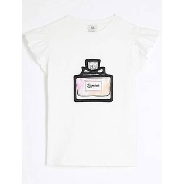 River Island Girls Perfume Frill Sleeve T-Shirt - White, White, Size Age: 7-8 Years - age: 7-8 YEARS