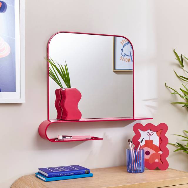 Elements Squoval Wall Mirror with Curling Shelf - Magenta