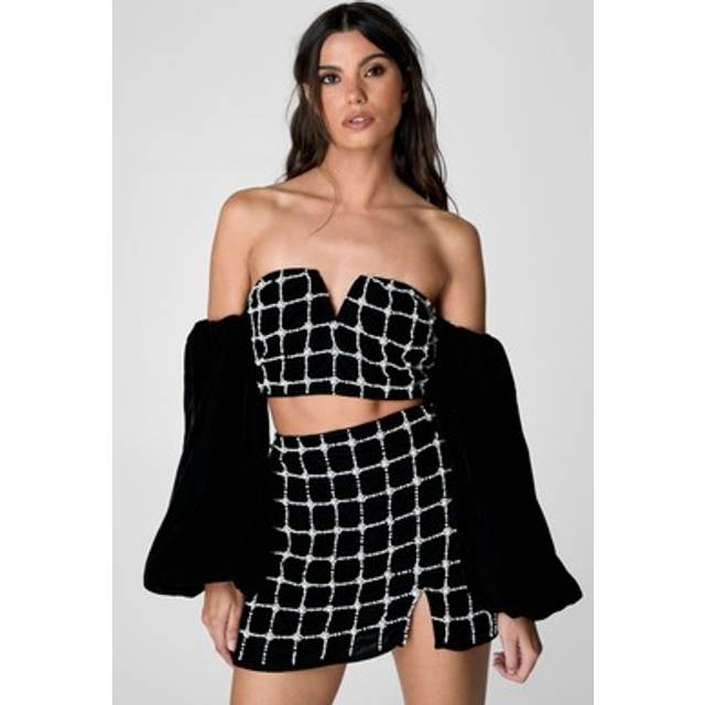 Pearl Embellished Velvet Bardot Top - Black - 6