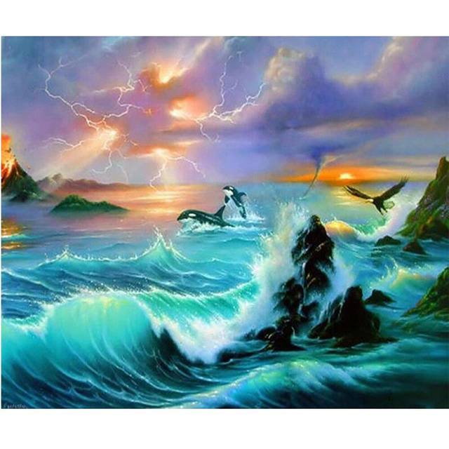 5D DIY Diamond Painting  Lighting Sea  3D Embroidery Cross Stitch Mosaic Painting Decor 20X30CM