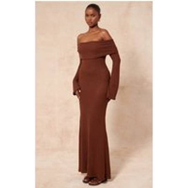 Chocolate Textured Extreme Bardot Long Sleeve Maxi Dress, Chocolate - 12