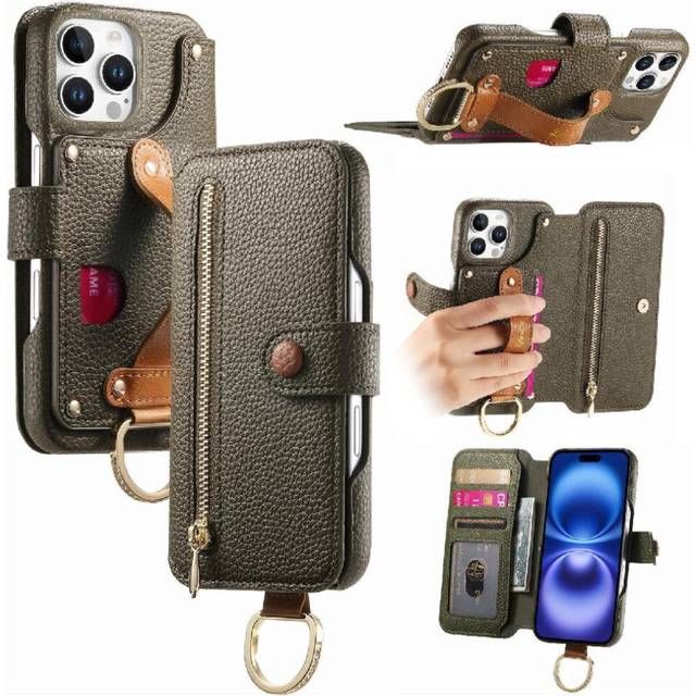 (Green) Compatible with iphone 16 Pro Case Wristband Stand Zipper Crad Slot Wallet