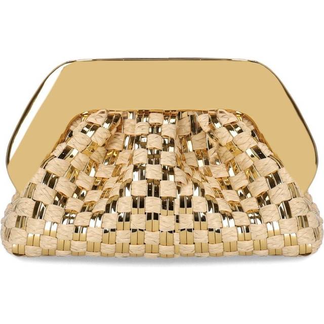 THEMOIRè TIA MICRO WEAVED STRAW LAMINATED GOLD CLUTCH BAG