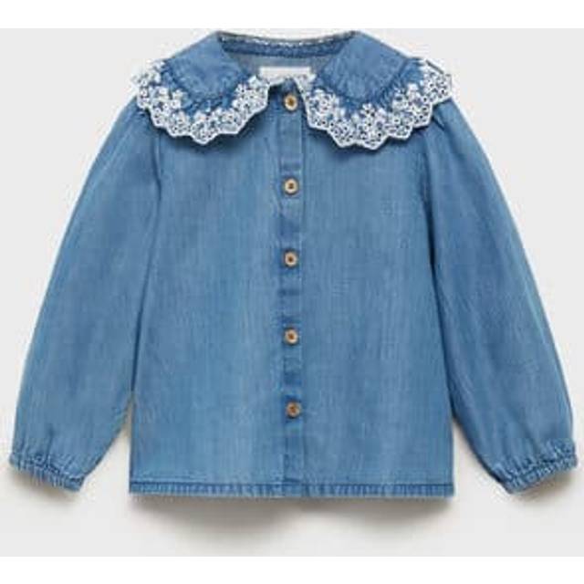 Mango Kids' Marsella Denim Embroidered Collar Blouse, Mid Blue