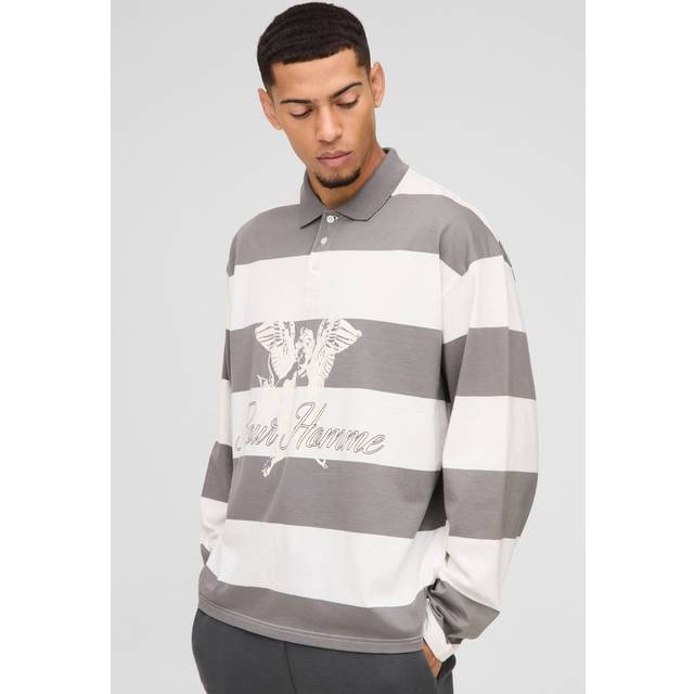 Oversized Long Sleeve Stripe Homme Printed Rugby Polo - Grey - M