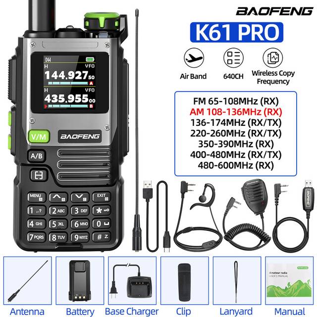 (As picture) K61 PRO Air Band Walkie Talkie Multi Band Wireless Copy Frequency DTMF NOAA Upgraded UV-5R UV-K6 Ham