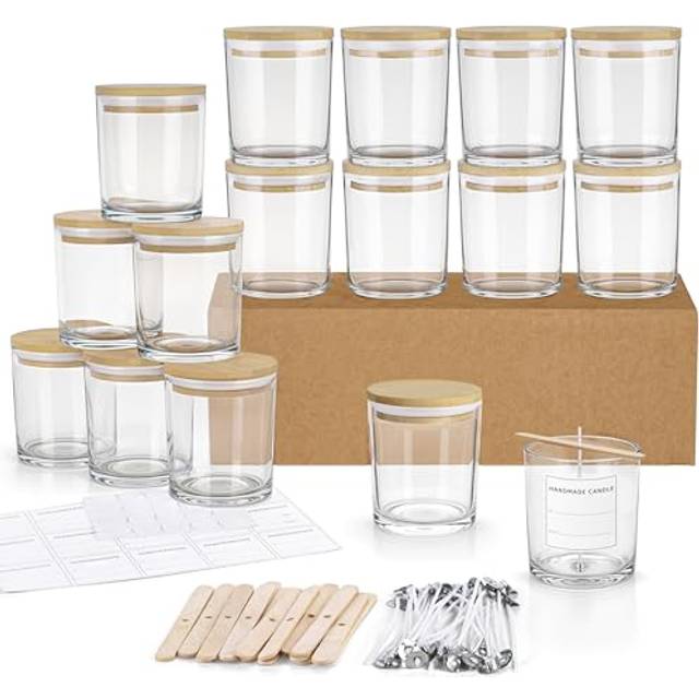 Winter Shore 300 ml Glasburk med Lock (16-pack) - Ljusframställningskit, Premium Glasburkar med Bambulock, Vekar och Etiketter - DIY Hantverksbehållare & Ljusburkar för Ljusvax för Ljusstöpning