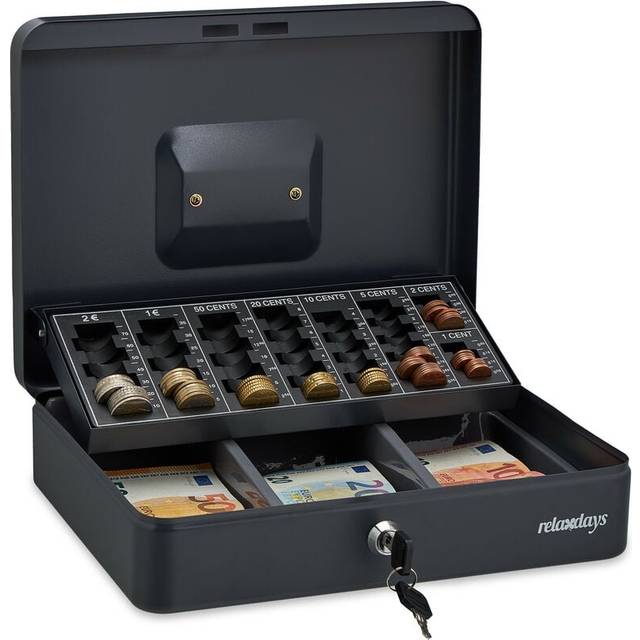 Cash Box, Coin Counter Tray Lockable Steel Portable Change & Notes, h x w x d: 9 x 30.5 x 23.5 cm, Grey - Relaxdays