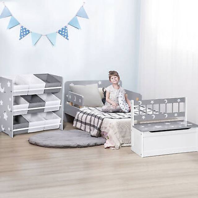 3pcs Kids Bedroom Furniture Set W/ Bed, Storage For 3-6 Years, Star & Moon, Grey