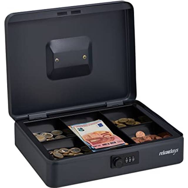Cash Box, Coin Counter Combination Lock Steel Portable Change & Notes, h x w x d: 8.5 x 30.5 x 25 cm, Grey - Relaxdays