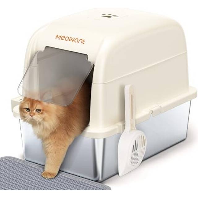 MeoWant Cat Litter Box with High Side Stainless Steel with Lid, Enclosed Metal Litter Pan for Big Cat, Never Absorbs Odor, Non Stick Surface, XXL Extr