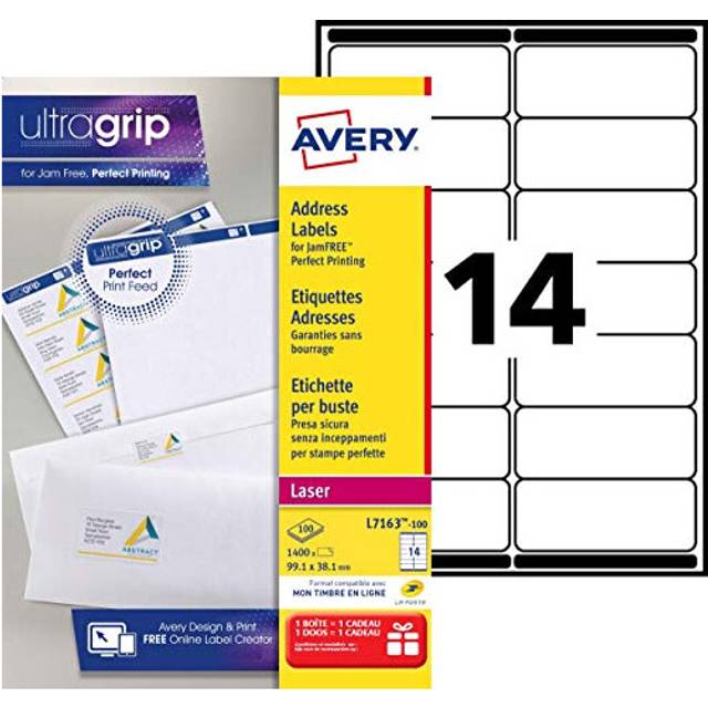 Avery JamFREE, Printable, Address Labels, Customisable, 99.1 x 38.1 mm, White, 14 Labels per Sheet, 1400 Blank Labels per Pack (L7163-100)