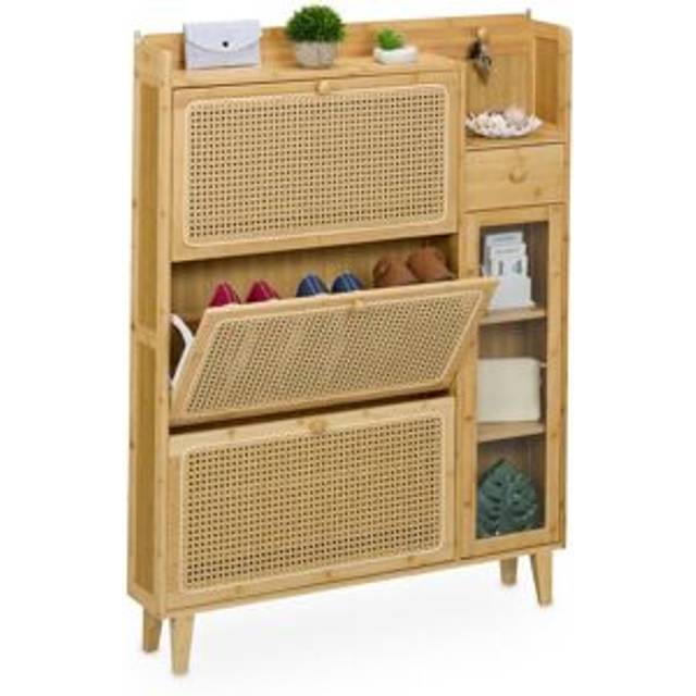 Shoe Cabinet, 5 Compartments, Bamboo Footwear Rack, 127x95x19 cm, for 9 Pairs, 3 Flip Doors, Narrow, Natural - Relaxdays