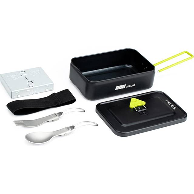Camping Cookware Mess Kit Aluminum Alloy Lunch Box with Foldable Alcohol Stove Spoon Fork svart