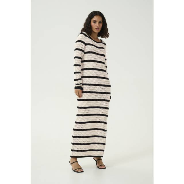 Kaffe, Knitted Dresses, female, White, L, Striped Knit Dress Feather Gray/Black