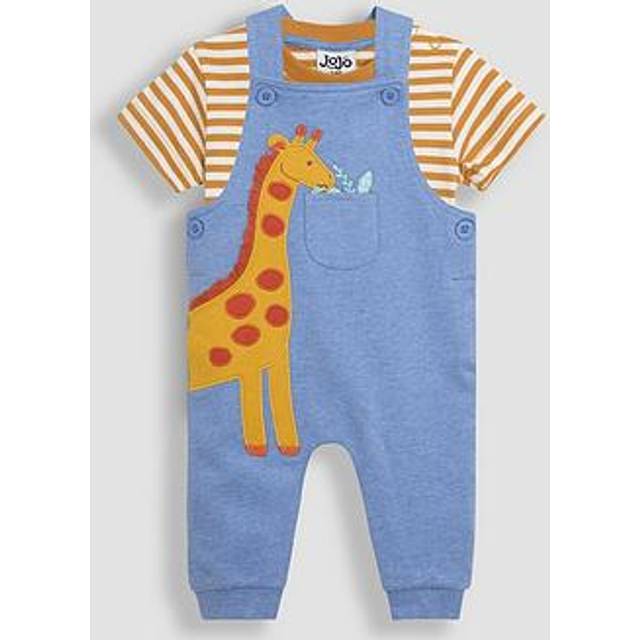 JoJo Maman Bebe Baby Boys 2-piece Giraffe Applique Dungarees & T-shirt Set - Blue, Blue, Size 6-12 Months - 6-12 MONTHS
