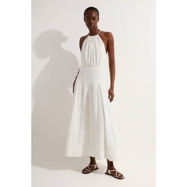 Cotton Broderie Strappy Halter Neck Woven Maxi Dress - White
