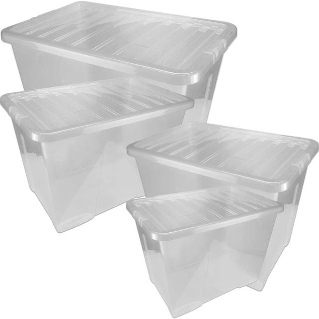 Clear large size, strong 4 x 80l plastic storage boxes with lids