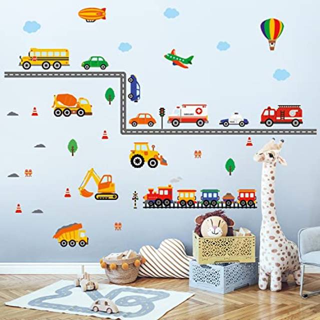 DECOWALL DS-8047 Construction Vehicles Road Wall Stickers Truck Excavator Cars Transportation Decals for Kids Boys Bedroom Nursery Playroom Living