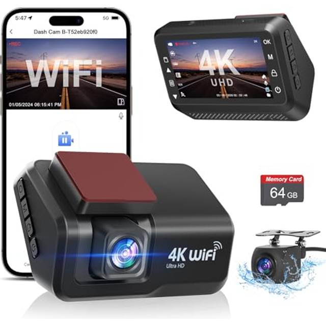 Dash Cam Front and Rear, 4k+1080P WiFi Dual Dash Cam with APP, 3'' IPS Dash Camera for Cars with Free 64GB Card, Dashboard Camera with Night