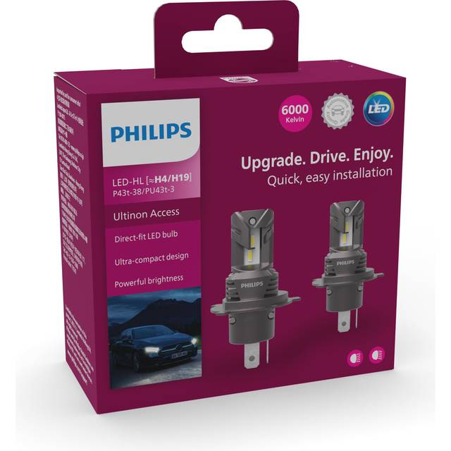 Philips H4 LED headlight with new vehicle inspection and low beam vehicle 6000K Automotive bulb Same size as halogen bulb Easy to install PHILIPS