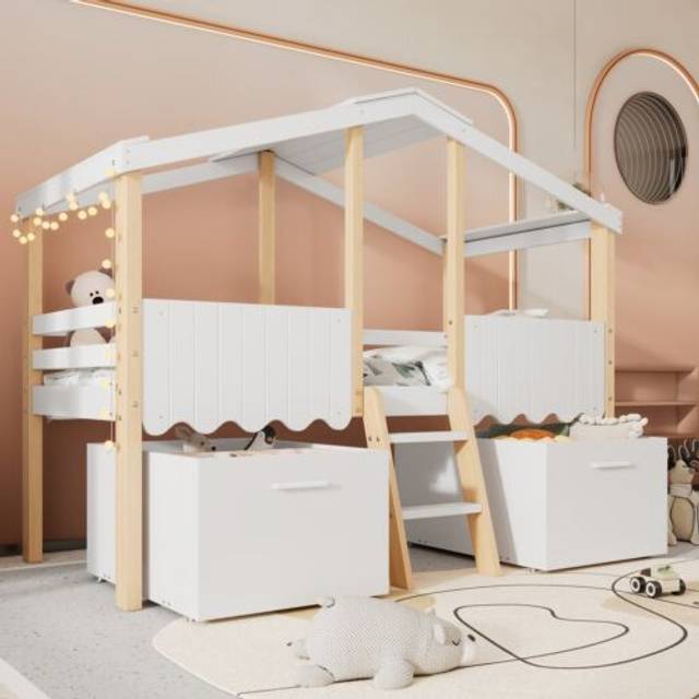 Wooden house bed with storage drawers for kids 3 ft single tree house canopy bed