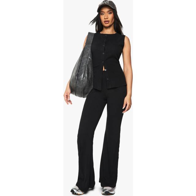 Womens Rib Button Through Sleeveless Top and Trouser Set - Black - 10