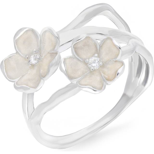 Sterling Silver Enamel Diamond Double Flower Ring