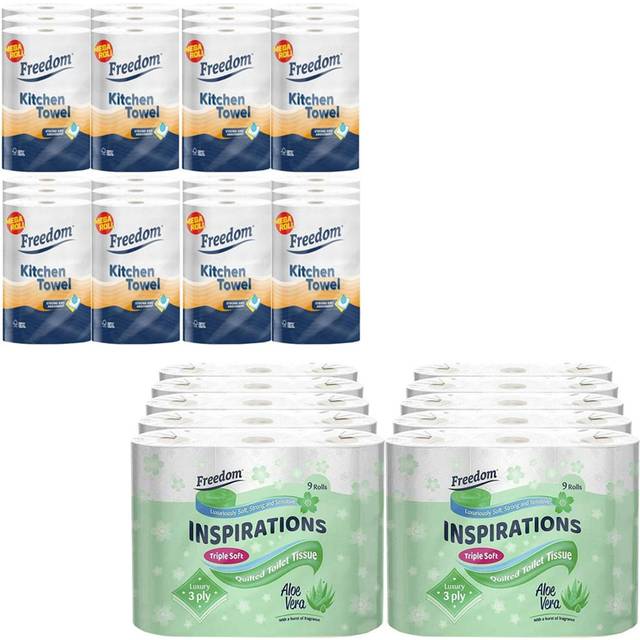 Freedom Aloe Vera Toilet Paper 90 Rolls 3 Ply with 24 Rhino Jumbo Kitchen Towel Rolls - White - 47 x 66 x 103cm