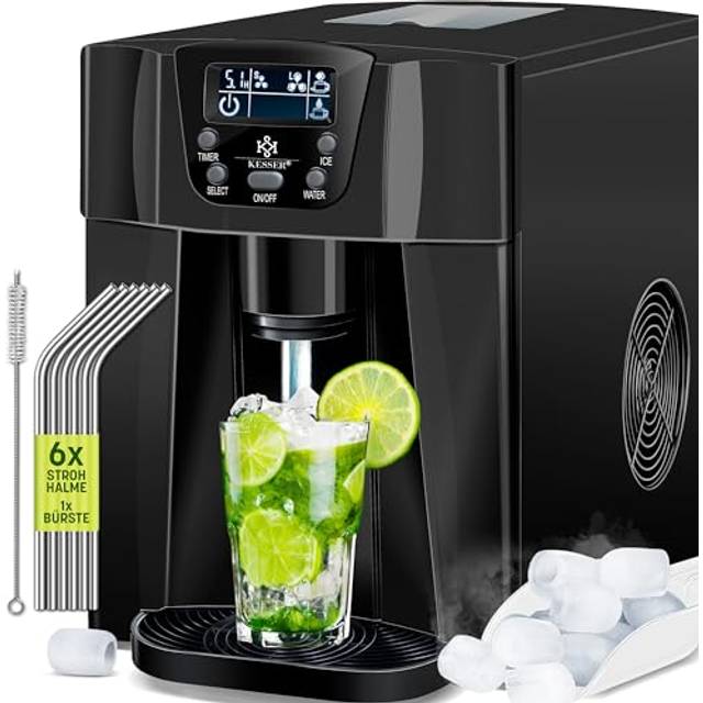 KESSER® Isbitsmaskin, Isbitsmaskin i rostfritt stål, 100 W Ice Maker, 12 kg 24 h, 2 kubstorlekar, beredning på 6 min, 2 liter vattentank, timer, LCD-display, vattentank svart