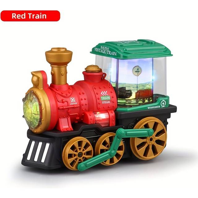 (Red) Vintage-Inspired Steam Train Toy with Electric Spray, Music & Lights - Durable Plastic Construction