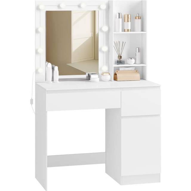 EUGAD 0055SZT Sminkbord med LED-belysning, dimbar i 3 steg, toalettbord med spegel, med 2 lådor, 1 skåp, 2 sidohyllor, 90 x 140 x 39,5 cm, vit