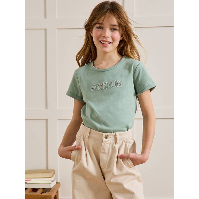 T-shirt with slogan in Liberty® CYRILLUS organic cotton aqua green