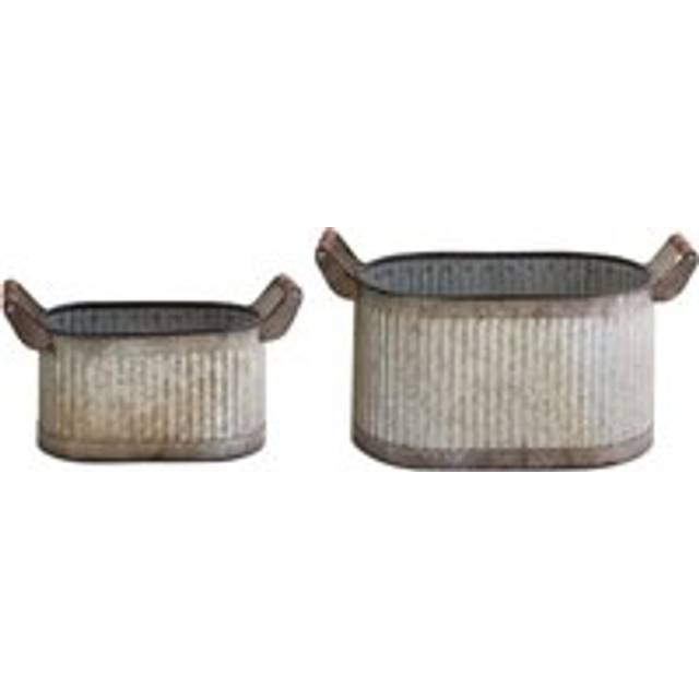 Beliani - Set of Metal Plant Pots Indoor Outdoor Iron Wood Handles Distressed Effect Grey Tulpie