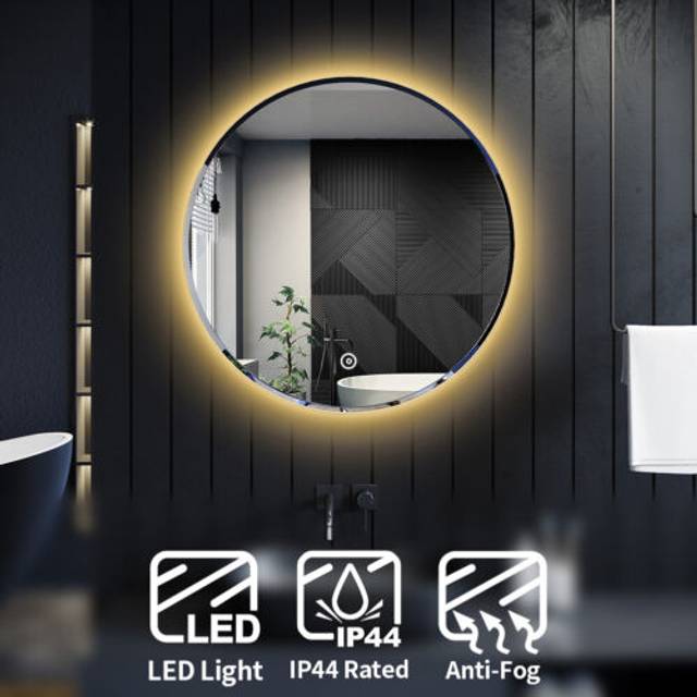 Elegant led bathroom round mirror anti-fog touch 600x600mm warm light backlit
