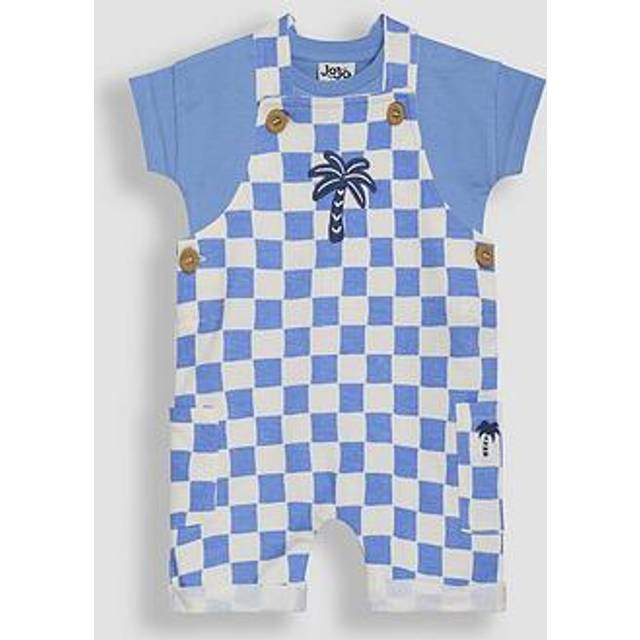 JoJo Maman Bebe Baby Boys 2-Piece Checkerboard Print Dungarees &amp; T-Shirt Set - Blue/White, Blue, Size 18-24 Months - 18-24 MONTHS