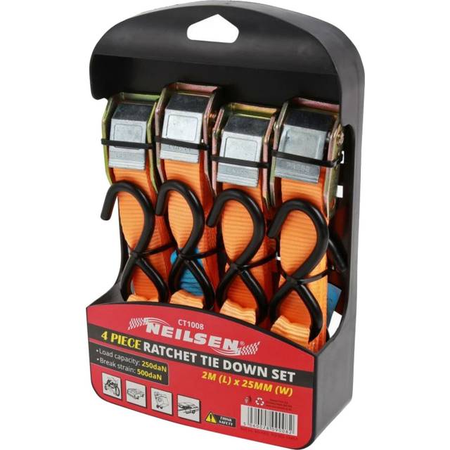 Neilsen 4pc Ratchet Tie Down Cargo Straps 25mm Wide Lashing Truck Trailer Car 2m