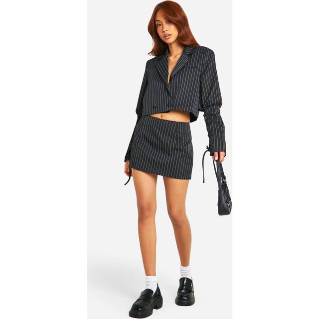 Womens Pinstripe Lace Up Sleeve Cropped Blazer - Black - 6
