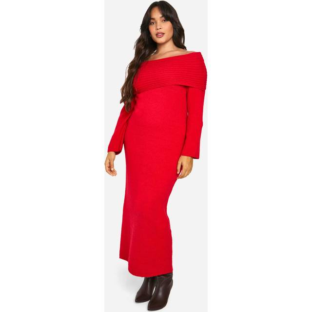 Womens Plus Premium Oversized Rib Bardot Neckline Soft Knit Jumper Dress - Red - 22, Red