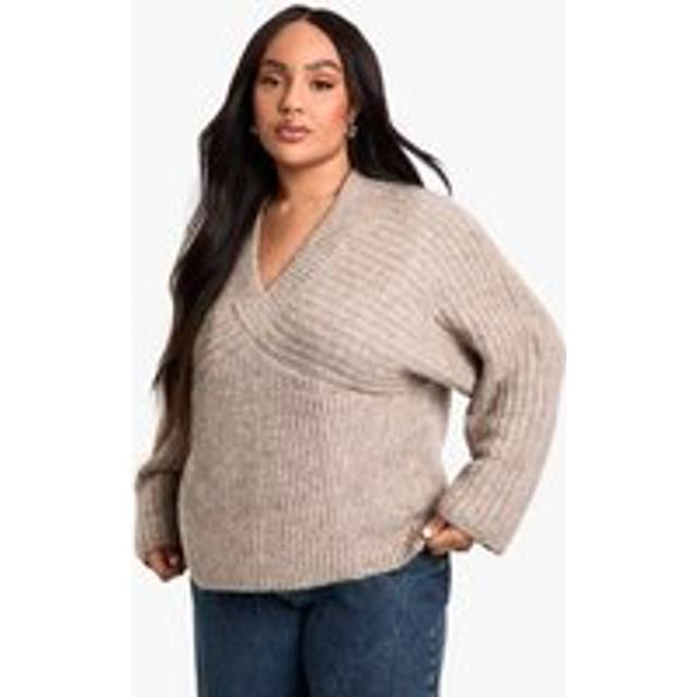 Womens Plus Chunky Rib V Neck Wide Sleeve Jumper - Beige - 16-18, Beige