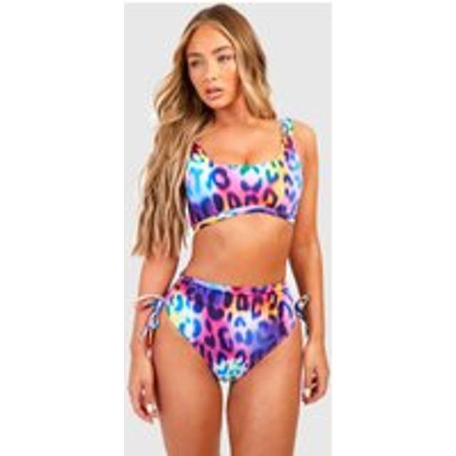 Womens Leopard Longline Scoop Bikini Top - Purple - 12, Purple